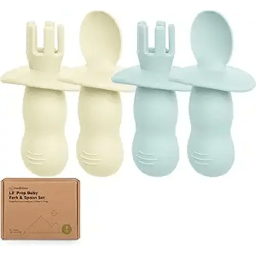KeaBabies 4-Pack Silicone Baby Spoons and Forks Set - Baby Led Weaning Utensils 6-12 Months, Self Feeding Toddler Spoon & Fork for Training, Teething, Easy to Hold, BPA-Free Silicone (Pastel Sky)