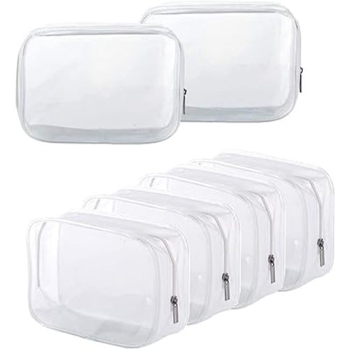 6 Pack Clear Toiletry Carry Pouch with Zipper Portable Plastic Waterproof Cosmetic Bag TSA Approved for Vacation Travel Bathroom and Organizing (White, Large)