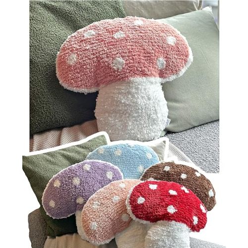 Tufted Mushroom Shape Decorative Cushion - 15' x 15' Mushroom Decor for Bed, Couch, Living Room (Pink)