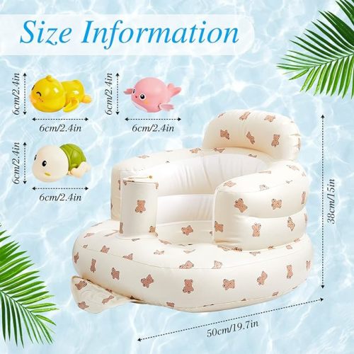Chunful Baby Inflatable Seat for Babies 3-36 Months with 3 Pcs Bath Toys, Built in Pump Infant Back Support Sofa Baby Support Seat Summer Toddler Chair for Sitting up Baby Shower Chair (Bear Pattern)