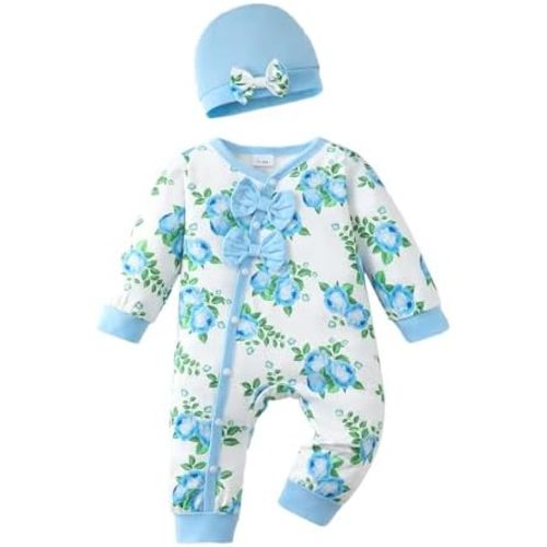 Mioglrie Newborn Baby Girl Clothes Long Sleeve Romper Infant Fall Winter Outfits Floral Hat Jumpsuit Preemie Girl Clothes