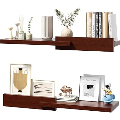 Floating Shelves for Wall, Set of 2 Rustic Wood 24 Inches Wall Mounted Shelves for Bathroom,Bedroom, Living Room &Kitchen, Heavy Duty Display Picture Ledge Shelf for Home Decor Storage Brown
