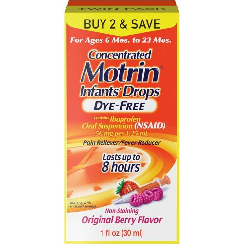 Infants’ Motrin Dye-Free Liquid Ibuprofen, Berry Flavor, Fever Reducer and Pain Reliever for Kids and Infants 6-23 Months, Alcohol-Free Oral Pain Relief, Syringe Included, 1 fl oz Twin Pack