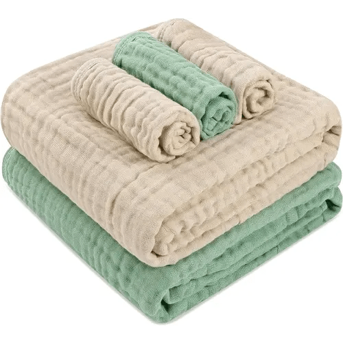 Muslin Baby Bath Set - 2 Large Gauze Towels & 3 Washcloths, 6-Layer 100% Muslin Cotton for Sensitive Skin. Multi-Use as Towel & Blanket. Perfect for Baby Showers & New Moms (Warm Series)