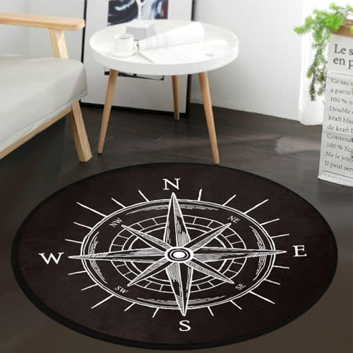 keepcute Vintage Wind Rose Compass Black Round Area Rug for Bedroom Living Room Study Playing,Non-Slip Round Floor Mat Carpet,5 ft