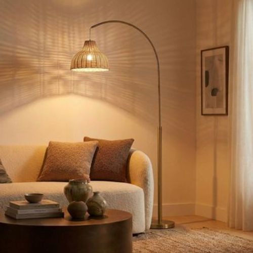 Brightech Lark Mid-Century (Includes LED Light Bulb) Arc Floor Lamp Antiqued Brass: Rustic Rattan Shade, 75" Tall