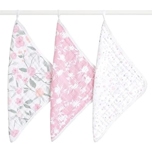 aden + anais Classic Boutique Washcloth Set, Super Soft 100% Cotton Muslin, 3-Pack, Ma Fleur