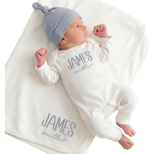 Linkababy Personalized Baby Boy Coming Home Outfit, 100% Cotton Embroidered Romper, Hat, Blanket, Baby Showers, Newborn 0-3M