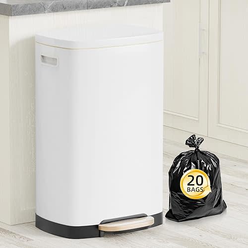 13 Gallon Trash Can with Lid, 50L Fingerprint Proof Stainless Steel Kitchen Trash Can with Removable Inner Bucket and Lid Soft Close, Pedal Rubbish Bin for Home Office, White