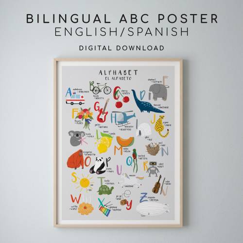 Bilingual Alphabet print download, nursery art, Kids, Montessori, Educational ABC poster English Spanish - Hand-illustrated