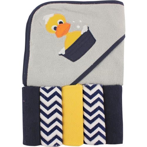 Luvable Friends Unisex Baby Hooded Towel with Five Washcloths,cotton,polyester, Duck, One Size