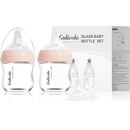 Small Glass Baby Bottle for Newborn Breastfeeding Babies, Preemie & Extra Slow Flow Nipples (SS), Anti-Colic, Breast-Like, 0 Months+, 3 oz, 2 Pack - Pink
