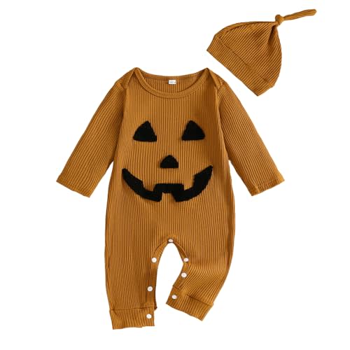 Infant Boys Girls Clothes Set Newborn Baby Romper Hat Ribbed Knit Long Sleeve Button Solid Bodysuit Jumpsuit