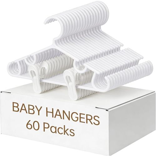 Nursery Baby Hangers with Clips, 20 Newborn Kids Plastic Clothes Hangers for Toddler Pants – with 40 Clips for Children's Clothes Packs(White,60 Packs) (60, White)