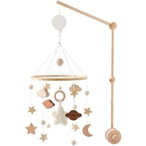 Baby Mobile for Crib, Boho Moon Stars Clouds Baby Crib Mobile with Bed Bell Bracket/Manual Wind-Upmusic Box Set for Girls Boys Bassinet