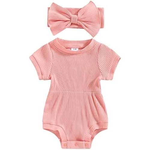Baby Girl Summer Clothes Ribbed Short Sleeve Romper Solid Color Bodysuits Bow Headband Outfit Newborn Girl Jumpsuit