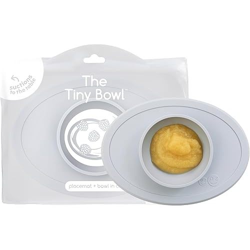 ezpz Tiny Bowl (Pewter) - Silicone Suction Placemat + Bowl for Infants - 6 months+ - Baby Led Weaning Supplies - Fits All Highchair Trays