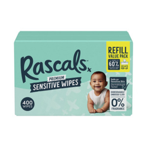 Rascals Premium Sensitive Wipes Plastic Free Cloth | 400 Pack