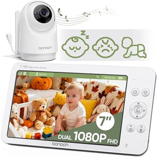 bonoch 2026 Upgraded V2.0 Baby Monitor No WiFi, 7" 1080P MegaView Video Monitor with Camera and Audio, Sleep/Crying/Motion Detection, 6000mAh Battery, VOX Mode, Night Vision, Hack Proof, White Noise