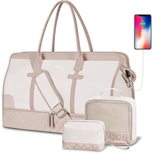 ETRONIK Weekender Overnight Bags for Women, Large Travel Duffle Bags with Shoe Compartment & Wet Pocket, Carry On Gym Bag with Toiletry Bags for Hospital 3 Pcs Set, Large Size, Beige Khaki