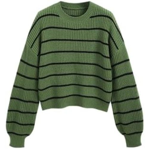 CIDER Women’s Cropped Striped Sweater Long Sleeve Crew Neck Trendy Pullover Tops