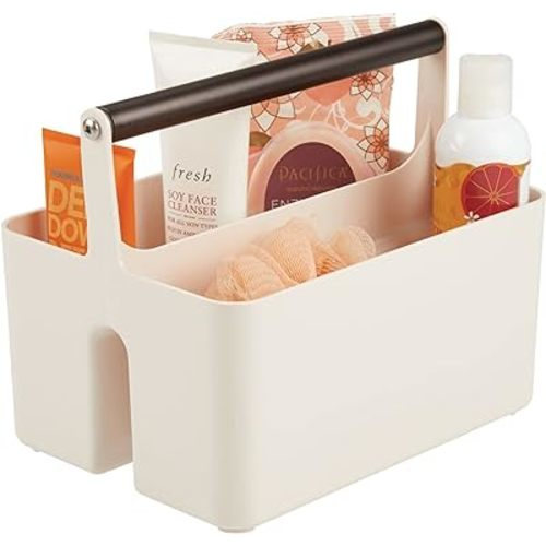 mDesign Plastic Shower Caddy Storage Organizer Utility Tote, Divided Basket Bin - Metal Handle for Bathroom, Dorm, Kitchen, Holds Soap, Shampoo, Conditioner - Aura Collection - Cream/Bronze