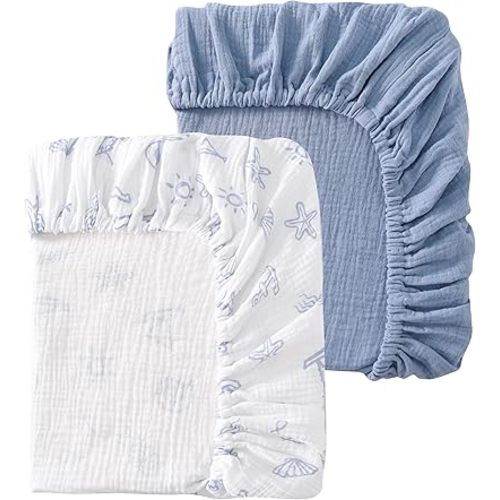 Baby Crib Sheets 2 PCS, 100% Organic Cotton Crib Sheet for Standard Crib Mattress(52”x 28”), Fitted and Soft Breathable Muslin Crib Mattress Sheet for Girl and Boy