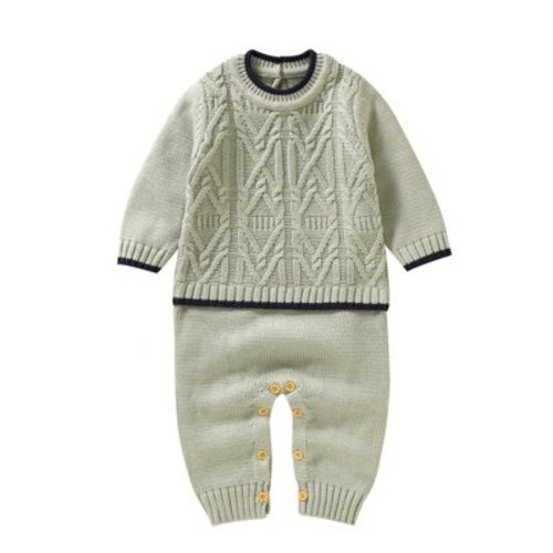 MEZZALL Baby Cable Knit Splice Romper Cotton Long Sleeve Boys Girls Sweater Knitwear Baby Jumpsuit Trendy Dailywear, Mint Green, 0-3 Months