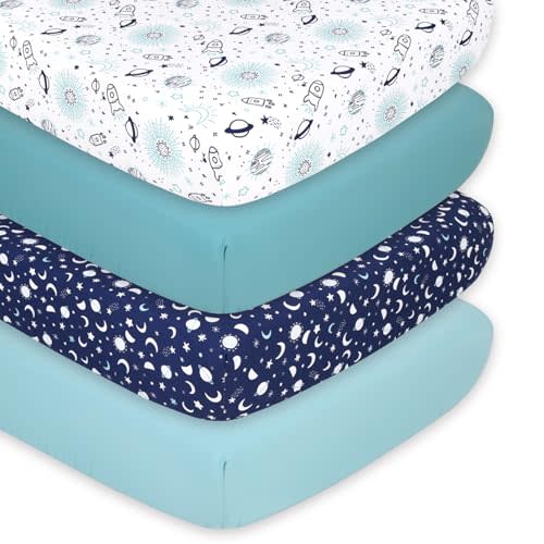 The Peanutshell Baby Crib Sheets 4-Pack for Girl or Boy - Soft, Oval & Fitted Baby Girls or Boys Crib Sheet, Rectangle, Fitted Covers, Halo Mattress - Space