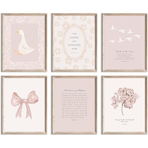 Nursery Christian Wall Art Bible Verse Prints Pink Girl Nursery Room Canvas Wall Decor Coquette Bow Poster Jesus Boho Scripture Pictures Vintage Floral Artwork for Bedroom 8x10x6 Inch Unframed