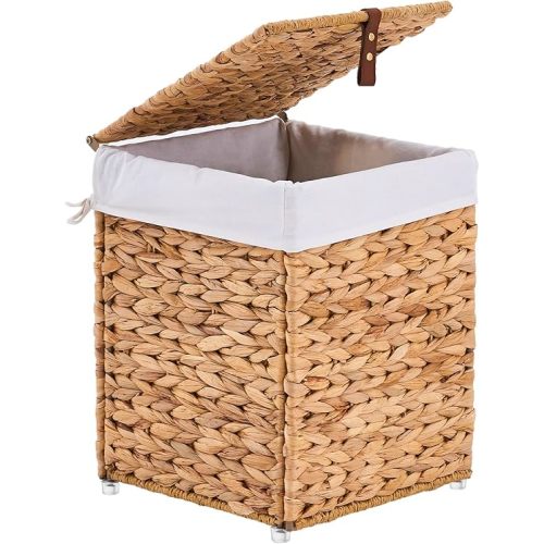 Mini Handwoven Laundry Basket with Lid, Natural Water Hyacinth Storage Basket with Handle, Removable Cotton Liner, Durable and Stylish for Bedroom, Bathroom, Laundry Room