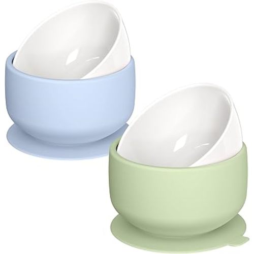 KingKam Kids Porcelain Bowls with Silicone Suction Sleeve | Toddlers Baby Feeding | Microwave & Dishwasher Safe | Non slip Feeding Bowls for Cereal, Soup, Snacks | 2-Pack - Blue/Green