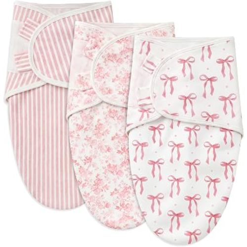 3 Pack Newborn Swaddle Blankets Soft 100% Cotton Blankets for Girls Cute Pink Floral, Striped & Bow Print Swaddling Wraps Breathable Infant Essentials Gift Set (0-3 Months)