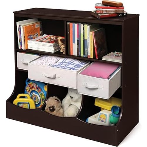 Badger Basket Combo Toy Storage Organizer and Bookshelf - Kids Storage Unit with 3 Removable Baskets, Open Shelves, Top Display Surface - Espresso