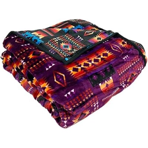 Sacred Thread Fleece Blanket 79"x95" South Western, Reversible Mexican, Vibrant Aztec Blankets and Throws for Aztec Decor for Home Native American Boho Blanket, Flannel Purple Queen