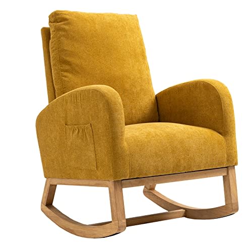 Dolonm Rocking Chair Mid-Century Modern Nursery Rocking Armchair Upholstered Tall Back Accent Glider Rocker for Living Room (Yellow)