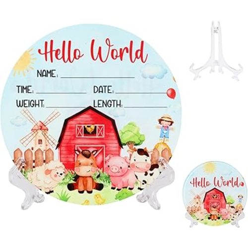 Acrylic Baby Birth Announcement Sign with Stand, Farm Animal Theme Double-Sided Newborn Name Board, Hello World Milestone Card for Welcome Baby Hospital Nursery Gift Photo Prop