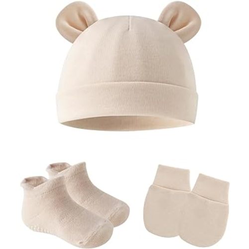 Cotton Ears Baby Hats Mittens with Socks Set Unisex, No Scratch Mittens and Beanie Cap for Infant Toddler Newborn
