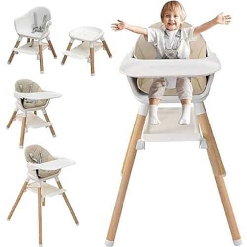 6-in-1 Wooden High Chair, High Chairs for Babies and Toddlers, Baby Highchairs with Adjustable Legs & Dishwasher Safe Tray,5-Point Harness, PU Cushion and Footrest for Baby, Girl, Toddlers