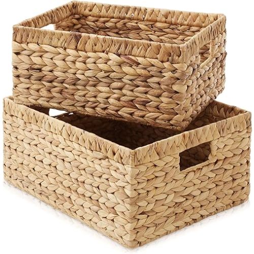 Casafield Set of 2 Water Hyacinth Storage Baskets with Handles - 1-Jumbo, 1-Large Woven Organizers for Bathroom, Laundry, Pantry, Office, Shelves