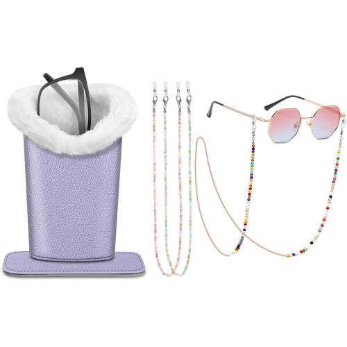 Fintie Plush Lined Eyeglasses Holder with Magnetic Base, Lilac Purple + 3 Pcs Eyeglasses Chains