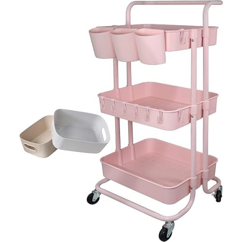 3 Tier Utility Rolling Cart Storage Organizer Shelf Rack with 3PCS Hanging Cups + 8PCS Hooks + 2PCS Storage Box for Home Office Kitchen Bathroom Storage (Pink 3 Cup+8 Hook+2 Storage Box)