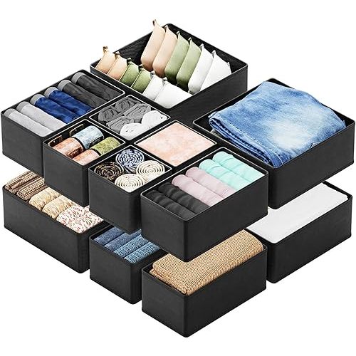 SpaceAid Drawer Organizer Clothes, 12 Pack Dresser Organizer Bins for Nursery, Closet Organization and Storage Dividers for Clothing, Baby Clothes, Underwears, Socks (Black)
