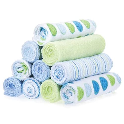 Spasilk Washcloth Wipes Set for Newborn Boys and Girls, Soft Terry Washcloth Set, Pack of 10, Blue Dots - 10 Count (Pack of 1)