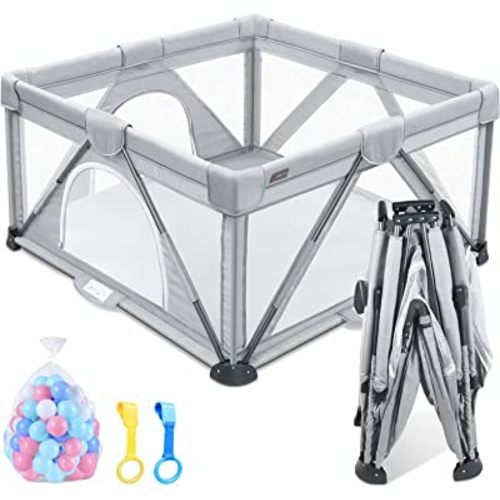 ANGELBLISS Baby Playpen, Foldable Playpen for Babies and Toddlers, Indoor & Outdoor Baby Activity Center with Visible Breathable Mesh, Portable Play Yard with 2 Handlers+50 Balls-50”×50”(Grey)