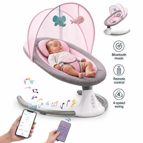 HENG Co. Electric Baby Swing and Rocker, Infant Bouncer Chair Featuring 12 Lullabies, Bluetooth Connectivity, Multiple Speed Settings, 4 Timer Modes, Unisex Design, Pink.
