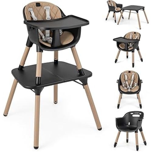 HONEY JOY 5-in-1 High Chair, Convertible Highchair for Babies and Toddlers/Kids Chair Table Set/Infant Feeding Chair w/Safety Harness, PU Leather Cushion & Removable Food Tray (Coffee)