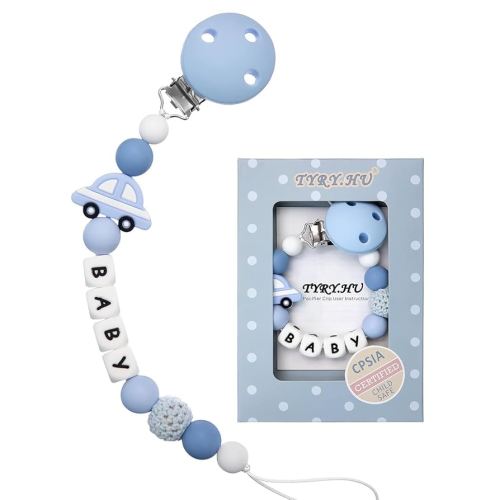 Personalized Pacifier Clip with Name for Baby, Customized Pacifier Clip Fits All Pacifiers,Car (Blue)