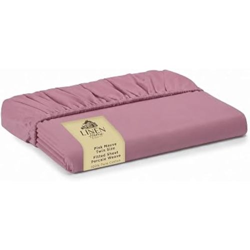 Linen Home Classic 100% Cotton Percale Fitted Sheet Twin Size, 1 Piece, Soft Cool All-Season Breathable Fitted Sheet, Deep Pocket Hotel Luxury Bed Linen, Long-Staple Combed Cotton, Pink Mauve