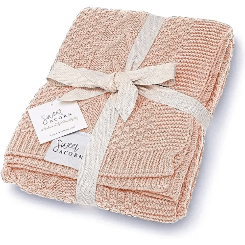 Sweet Acorn Organic Cotton Knit Baby Blanket in Cable Pattern - Dahlia Pink